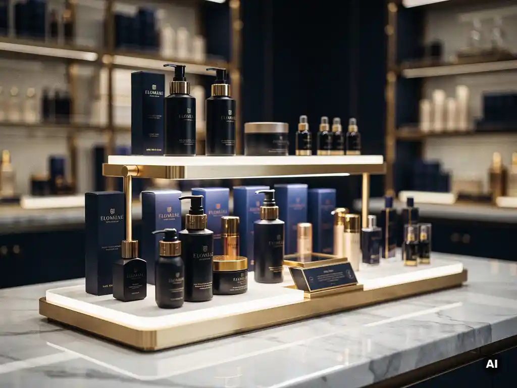 Luxury cosmetic display counter with tiered product arrangement, brass fixtures, and premium bottles on polished marble in navy and champagne gold tones.
