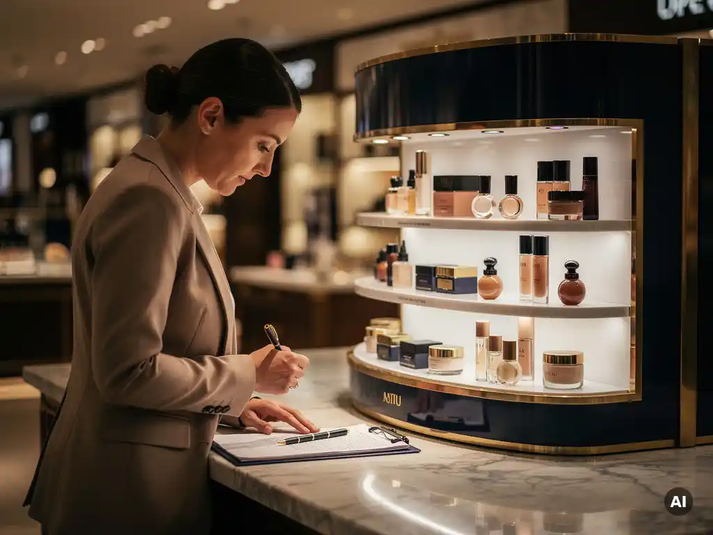Retail inspector reviewing a luxury cosmetics display in a UK department store, clipboard on marble surface, products arranged under warm spotlights.