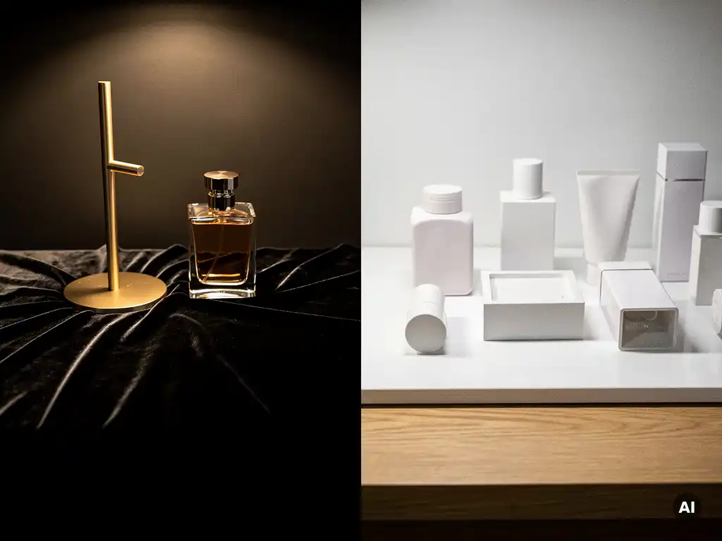 Luxury perfume bottle on black velvet beside mass-market products on white laminate, sharing one oak retail counter under contrasting warm and cool lighting.