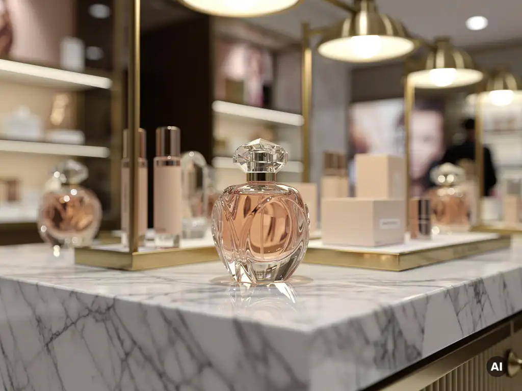 Luxury beauty counter with marble surface displaying sculptural perfume bottles, warm brass fixtures, and champagne gold tones in a high-end department store.