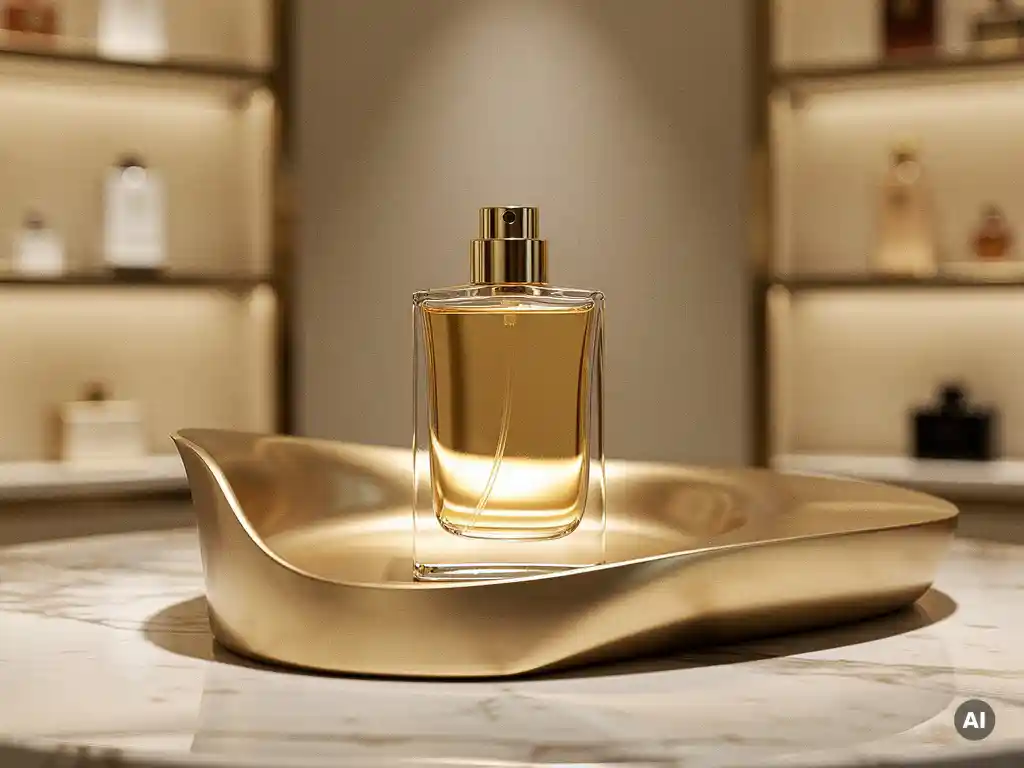 Luxury perfume bottle on a brushed-gold boutique fixture, warm spotlights illuminating polished marble surfaces in cream and champagne tones.