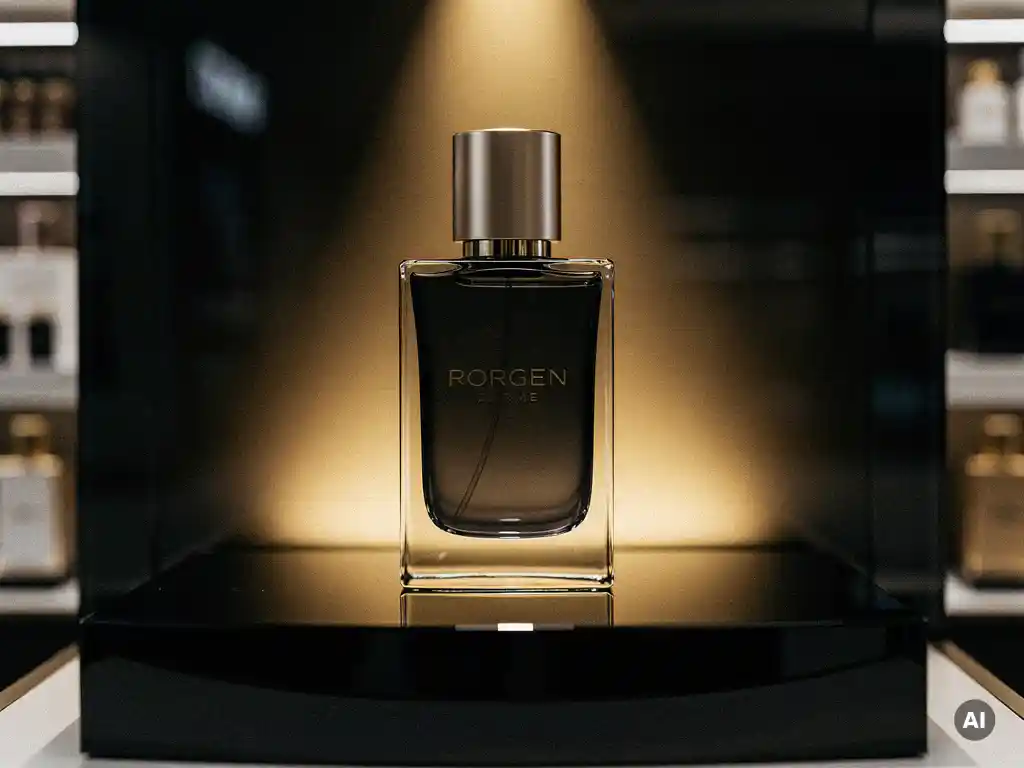 Luxury perfume bottle on a glossy black acrylic display stand, lit by warm golden spotlight against soft-focus premium retail shelving.