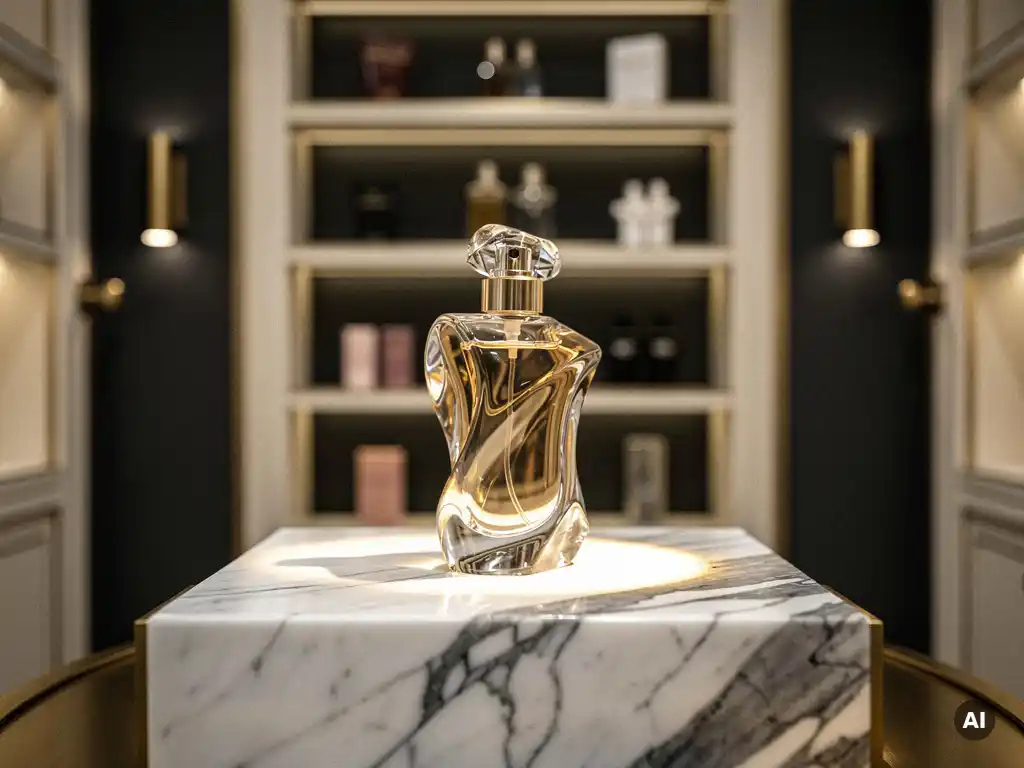 Sculptural luxury perfume bottle on a polished marble plinth, bathed in warm golden spotlights inside an intimate high-end boutique.