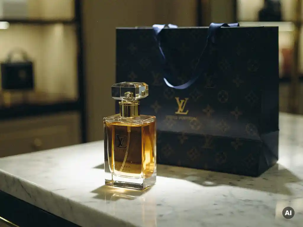 Luxury perfume bottle beside a monogrammed shopping bag on polished marble, bathed in warm champagne boutique lighting with golden reflections.
