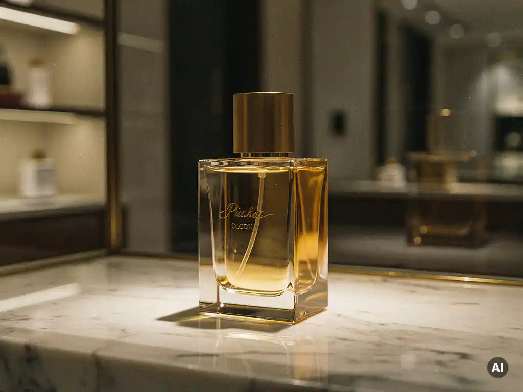 Premium perfume bottle with engraved branding on polished marble, warm golden spotlights reflecting across glass in a luxury retail display.