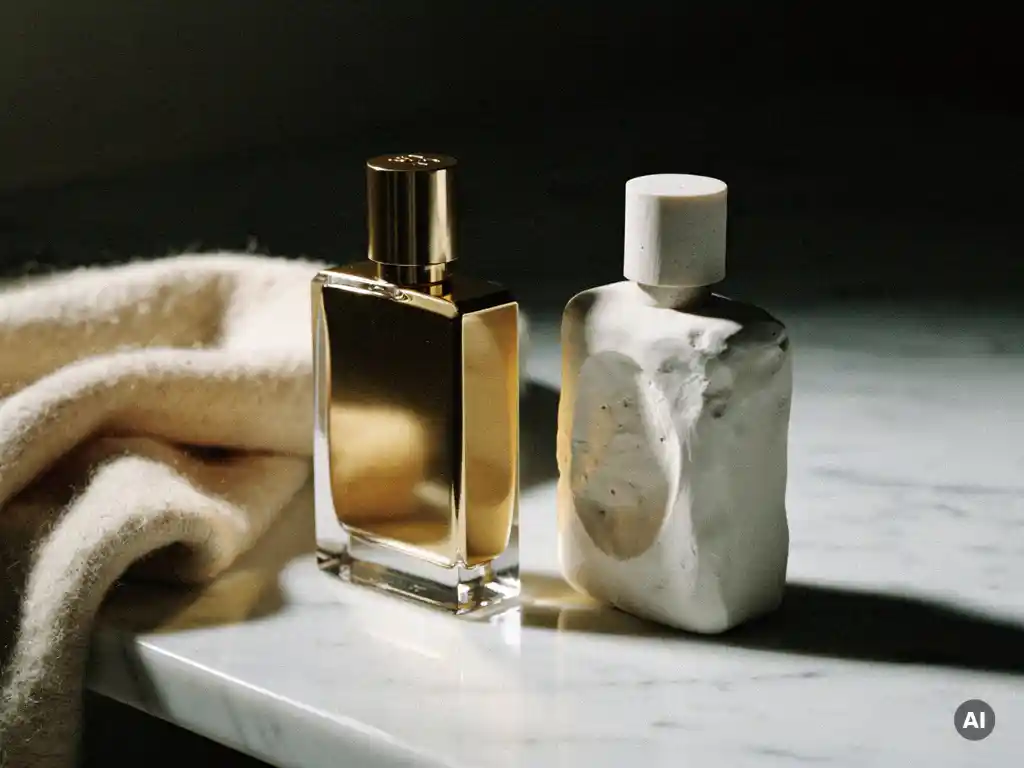 Polished luxury perfume bottle beside its raw unfinished prototype on white marble, with a draped cashmere cloth in champagne gold studio lighting.