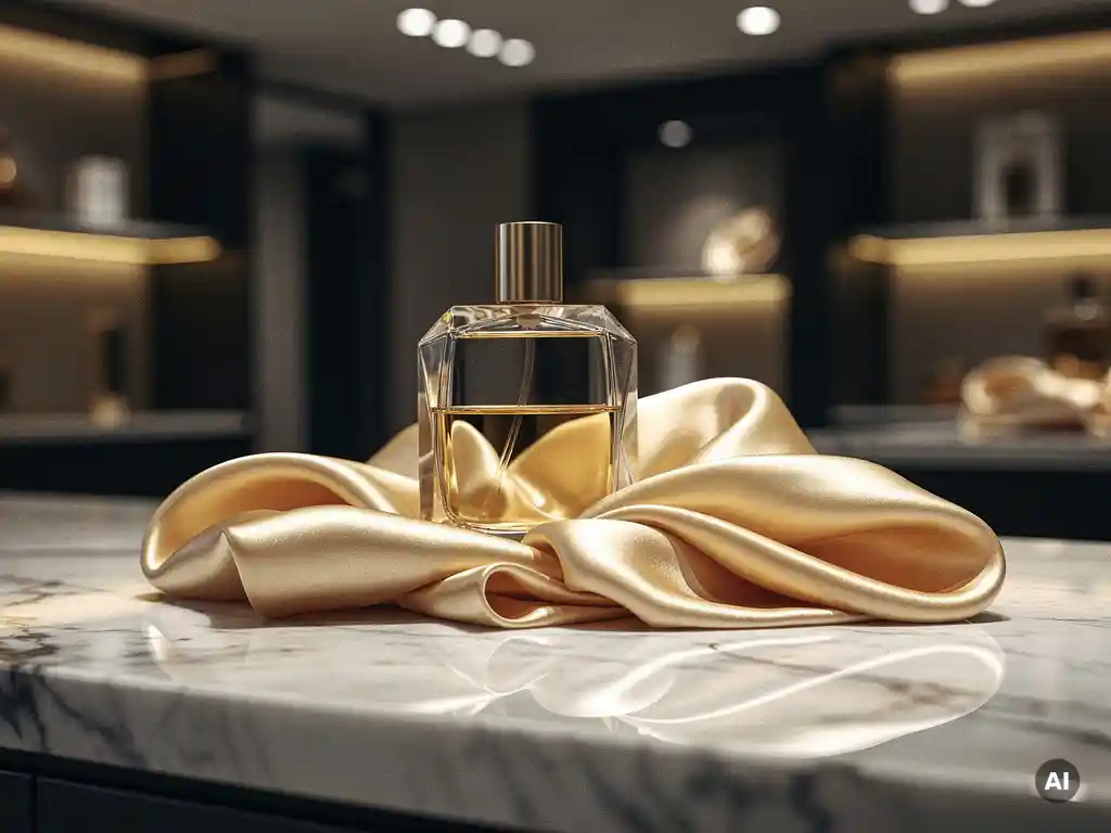 Sculptural perfume bottle beside folded silk on polished marble, lit by warm golden spotlights in a luxury boutique.