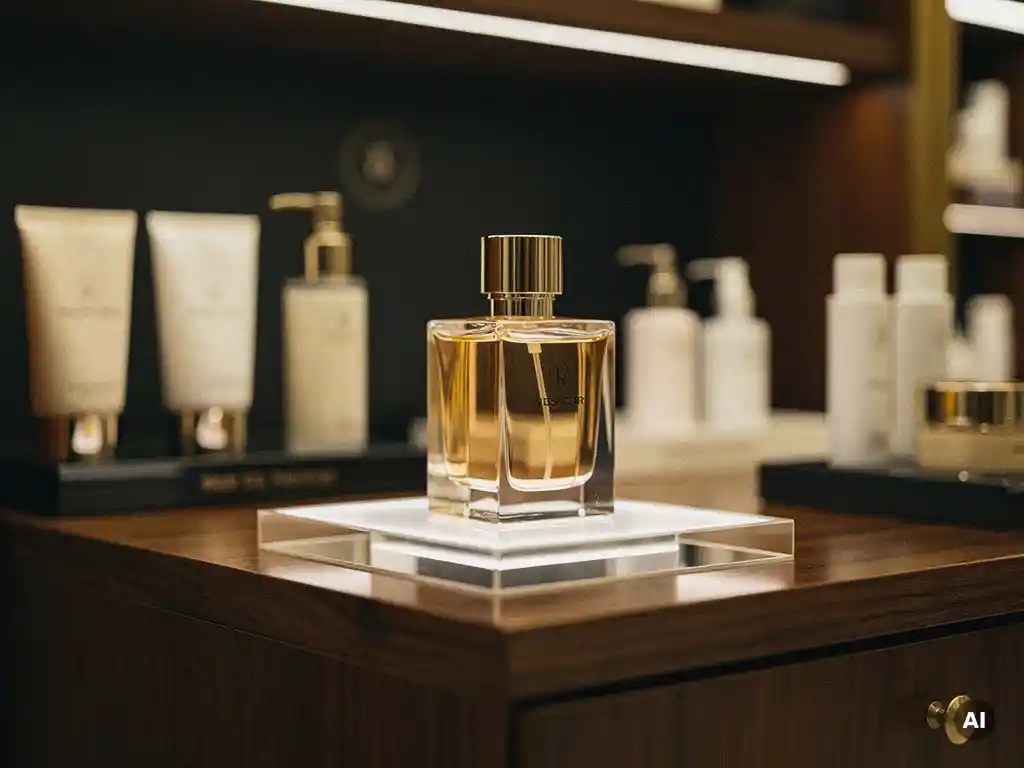 Luxury perfume bottle on a backlit acrylic plinth surrounded by premium skincare products in warm boutique lighting.