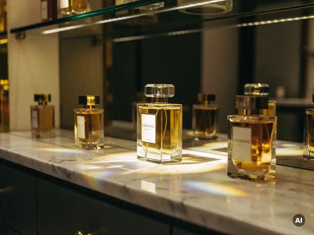 Luxury perfume bottles on polished glass shelves with golden spotlights and prismatic reflections over a marble countertop in a high-end boutique.