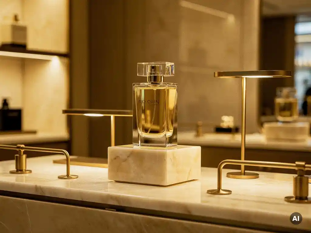 Luxury perfume bottle displayed on polished marble in a boutique, surrounded by brushed brass fixtures in warm golden light.
