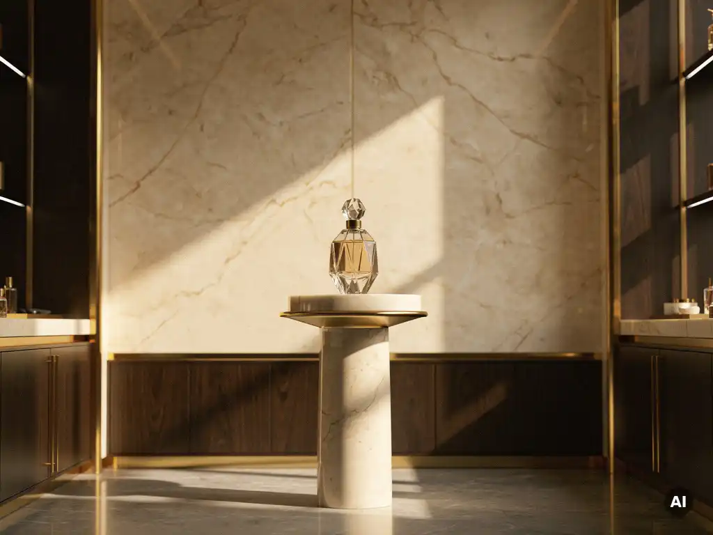 Luxury perfume bottle displayed on a sculptural pedestal in a marble boutique with brass fixtures and warm golden lighting.