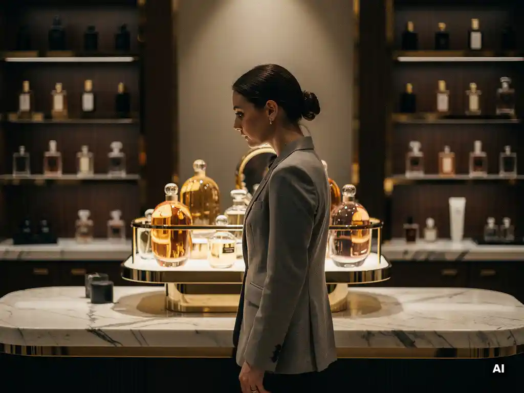 Shopper browsing an upscale perfume boutique with glass bottles on walnut shelving under warm amber spotlight and marble surfaces.