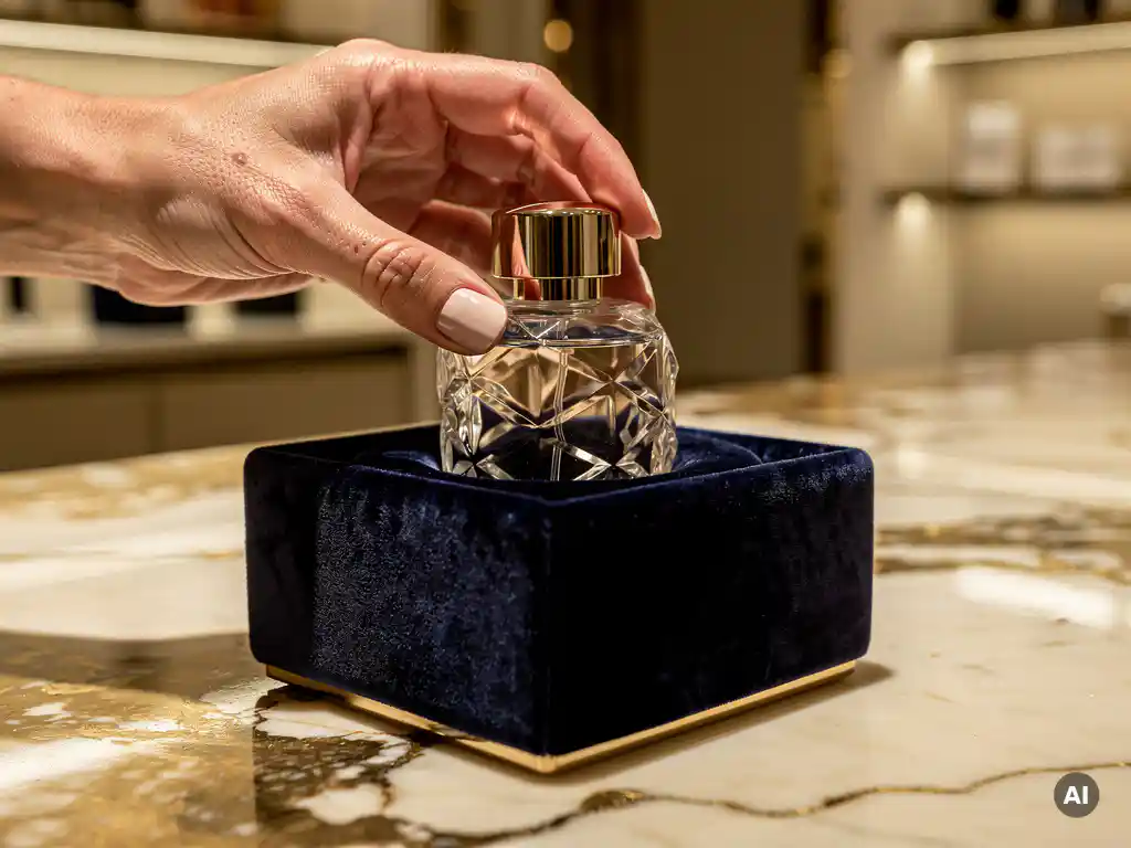 Hand lifting a luxury perfume bottle from a velvet display stand in a boutique, golden spotlights reflecting off glass facets and marble surfaces.