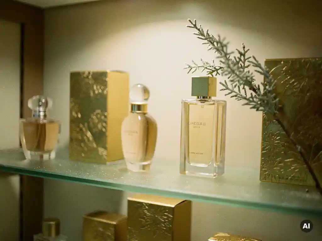 Frosted glass shelves displaying luxury perfume bottles and gold-leafed cosmetic packaging with a winter botanical sprig in warm champagne tones.