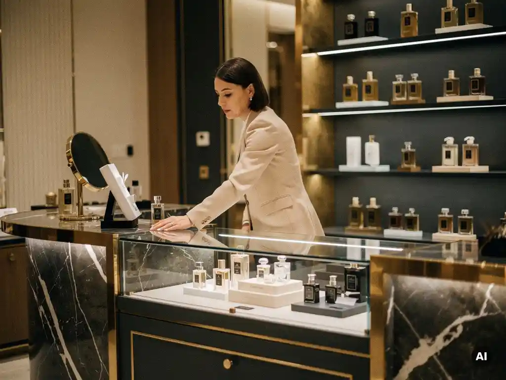 Well-dressed shopper browsing a luxury perfume counter, fingertips on glass display case, warm gold tones reflecting in polished marble boutique interior.