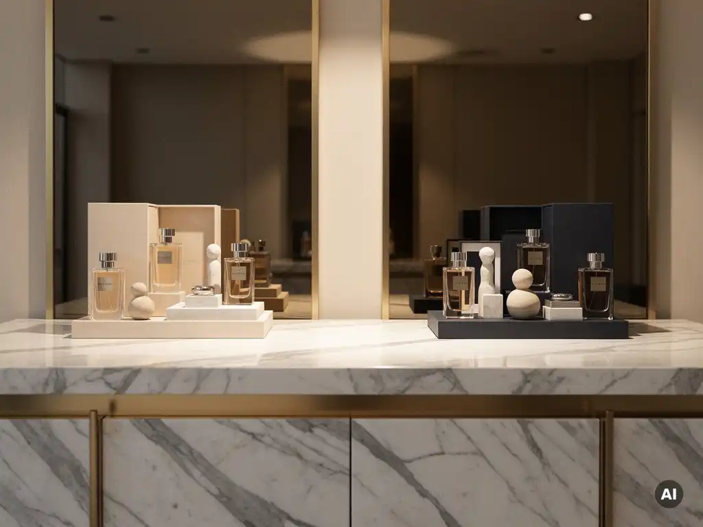 Luxury perfume bottles on a polished marble counter with brass fixtures, reflected in mirrored surfaces under warm directional lighting.