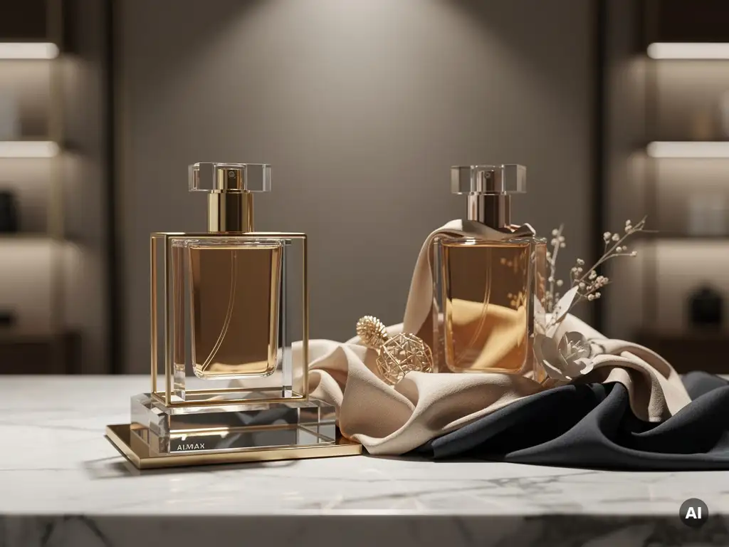 Two identical perfume bottles on marble, one in a gold-trimmed acrylic stand, the other in a draped seasonal display, lit by a warm overhead spotlight.