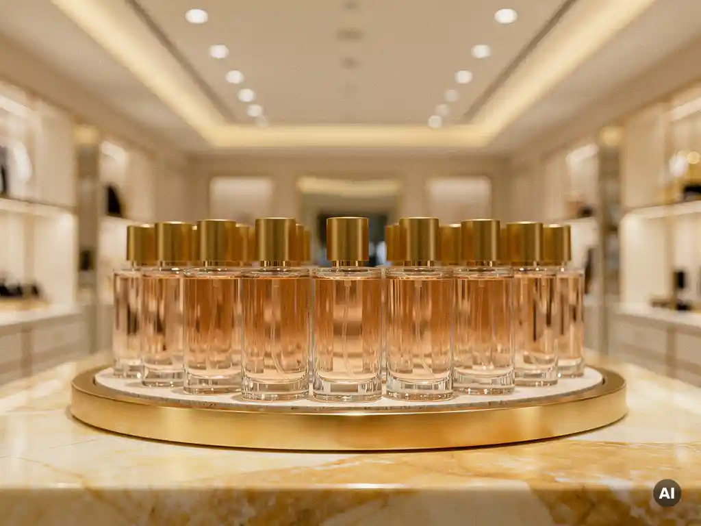 Symmetrical luxury perfume bottle display on polished marble with brushed gold fixtures under warm recessed lighting.