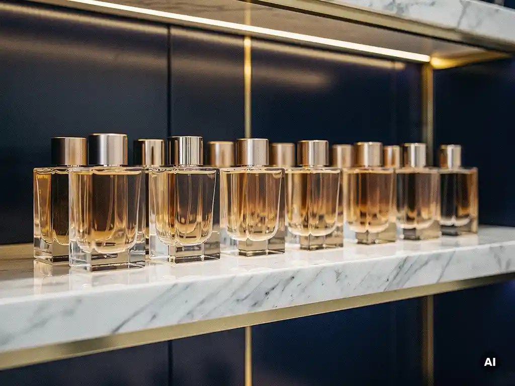 Luxury perfume bottles arranged symmetrically on a polished marble shelf, illuminated by warm golden spotlights in a high-end retail display.