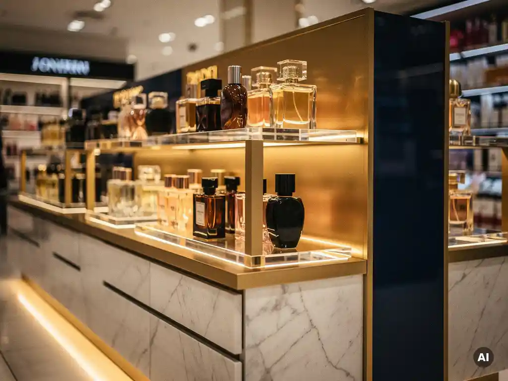 Luxury perfume display fixture in a department store with warm spotlights on polished acrylic shelving and champagne gold and navy tones.