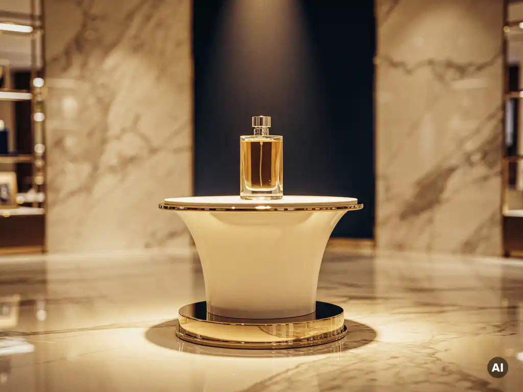 Luxury perfume bottle displayed on a sculptural cream marble stand with polished gold metalwork under warm spotlights in a high-end department store.