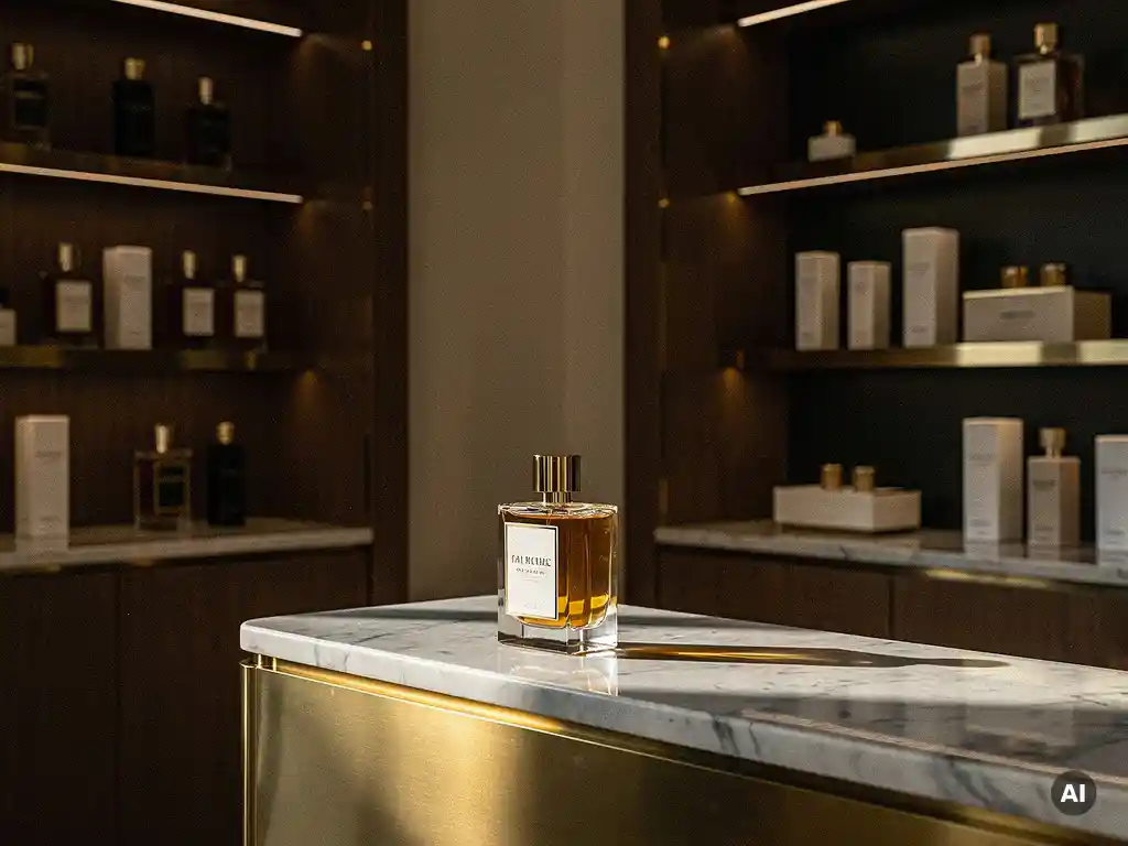 Elegant perfume bottle on marble surface inside a luxury beauty boutique with warm brass fixtures and ivory joinery shelving.