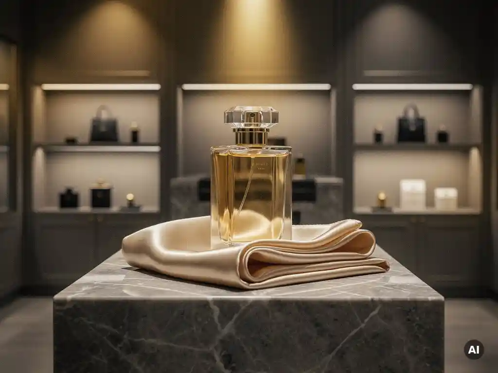 Luxury perfume bottle and folded silk on a marble plinth, lit by warm golden spotlights in an upscale boutique with bespoke shelving.