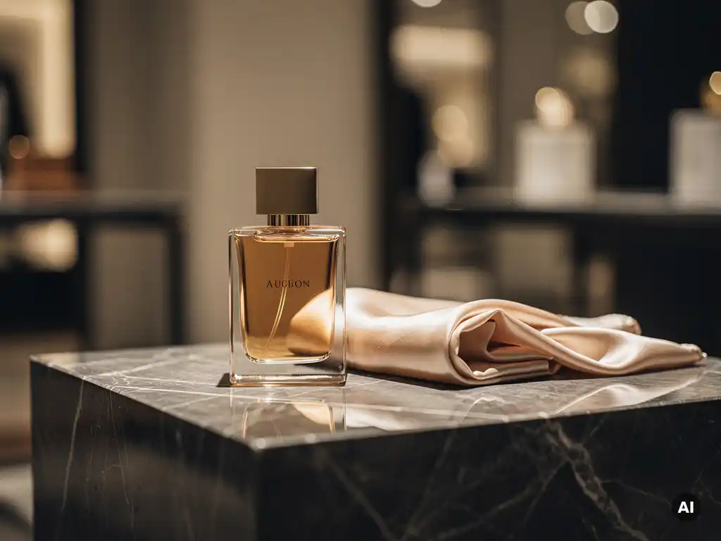 Luxury perfume bottle and folded silk scarf on a marble plinth, bathed in warm golden spotlight inside an upscale boutique.