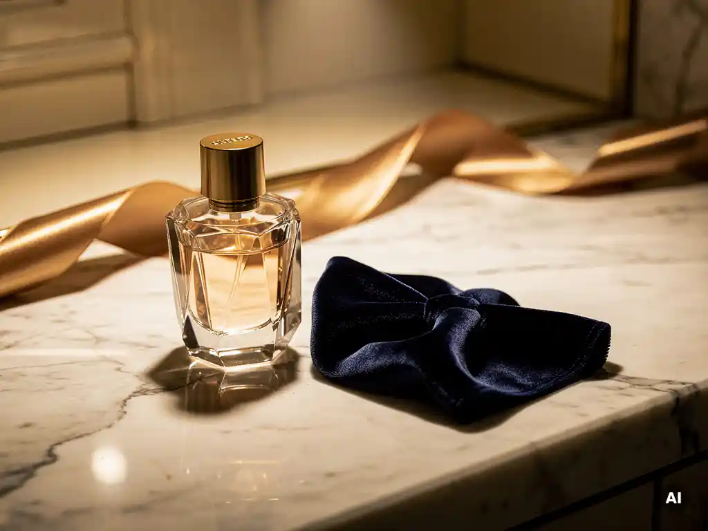 Luxury perfume bottle beside navy velvet swatch on polished marble, warm amber spotlight casting gold-toned shadows in premium retail setting.