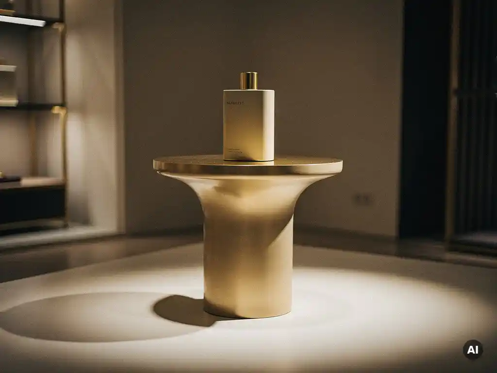 Brushed brass and matte white luxury retail display fixture with a single premium product on a sculptural plinth under warm spotlighting.