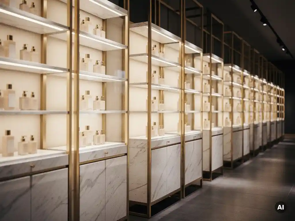 Luxury retail display fixtures with polished marble surfaces and brushed gold accents receding into a high-end store under warm spotlighting.