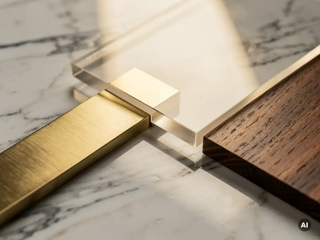 Brushed brass trim, polished acrylic panel, and walnut wood swatch layered on marble, lit to highlight contrasting luxury retail display material textures.