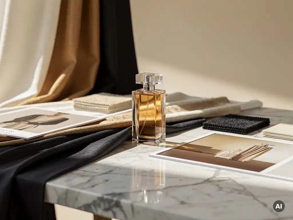 Luxury retail display with fabric swatches, mood boards, and material samples on polished marble beside an elegant perfume bottle.