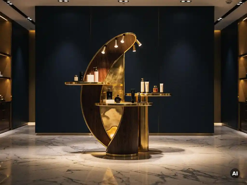 Luxury retail interior with polished brass and walnut display fixture, elegant product arrangements under warm spotlights on marble flooring.