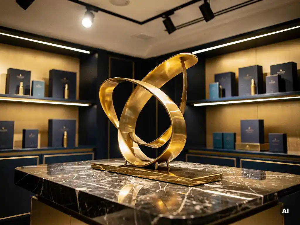 Luxury retail interior with sculptural display fixture, polished marble surfaces, brass accents, and premium packaging on bespoke shelving in navy and gold tones.