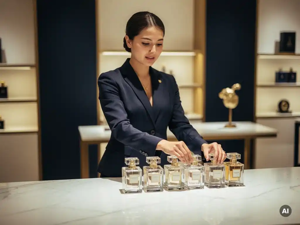 Luxury retail associate in navy uniform arranging perfume bottles on a marble countertop in an upscale boutique with warm golden lighting.