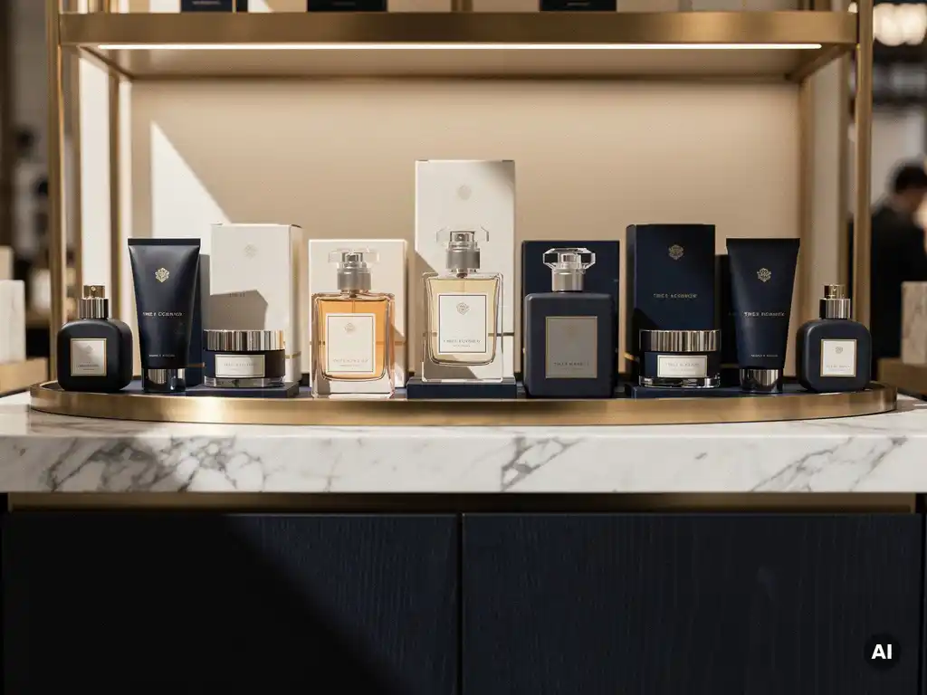 Luxury retail display counter with coordinated perfume bottles and skincare packaging on marble surface, brass fixtures, cream and navy tones with gold accents.