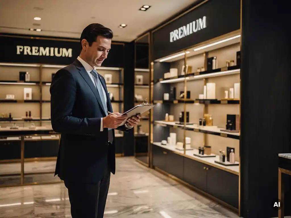 Well-dressed professional conducting a retail audit in a luxury store with marble floors and curated product displays.