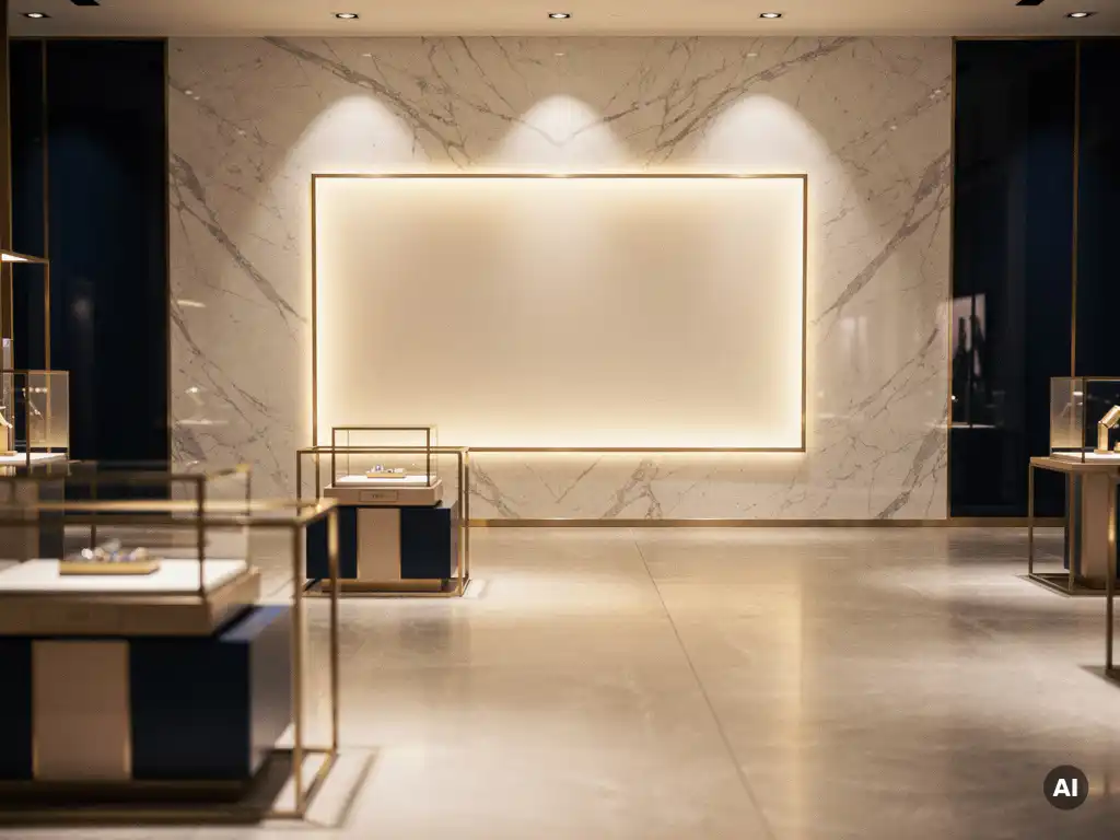 Luxury retail store interior with illuminated marble wall signage, golden spotlights on polished stone floors, navy and champagne gold tones.