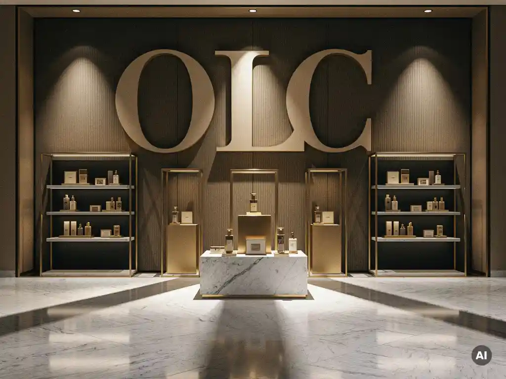 Luxury retail storefront with bold serif signage, brushed brass fixtures, and polished marble surfaces bathed in warm golden spotlights.