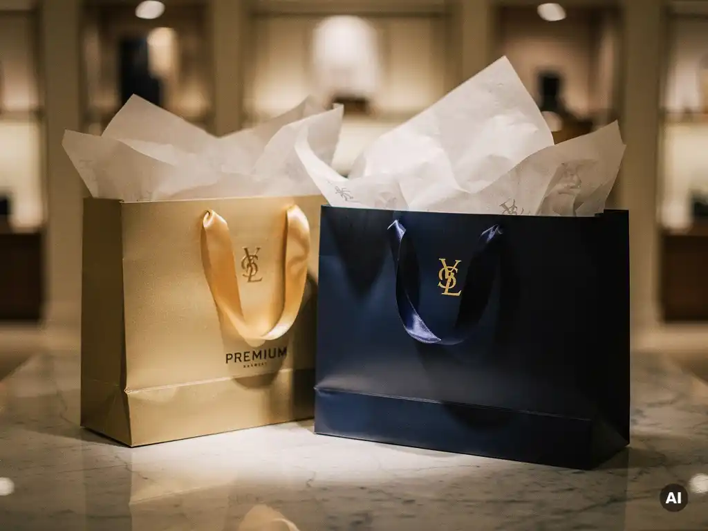 Two luxury shopping bags with intertwined ribbon handles on polished marble, soft tissue paper spilling out, warm spotlight, blurred boutique interior.