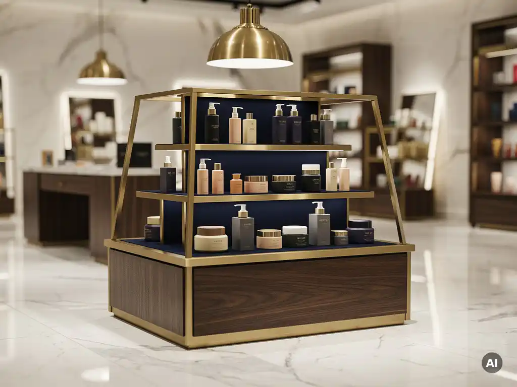 Polished brass and dark walnut retail fixture displaying premium skincare products in a luxury boutique with marble floors and warm pendant lighting.