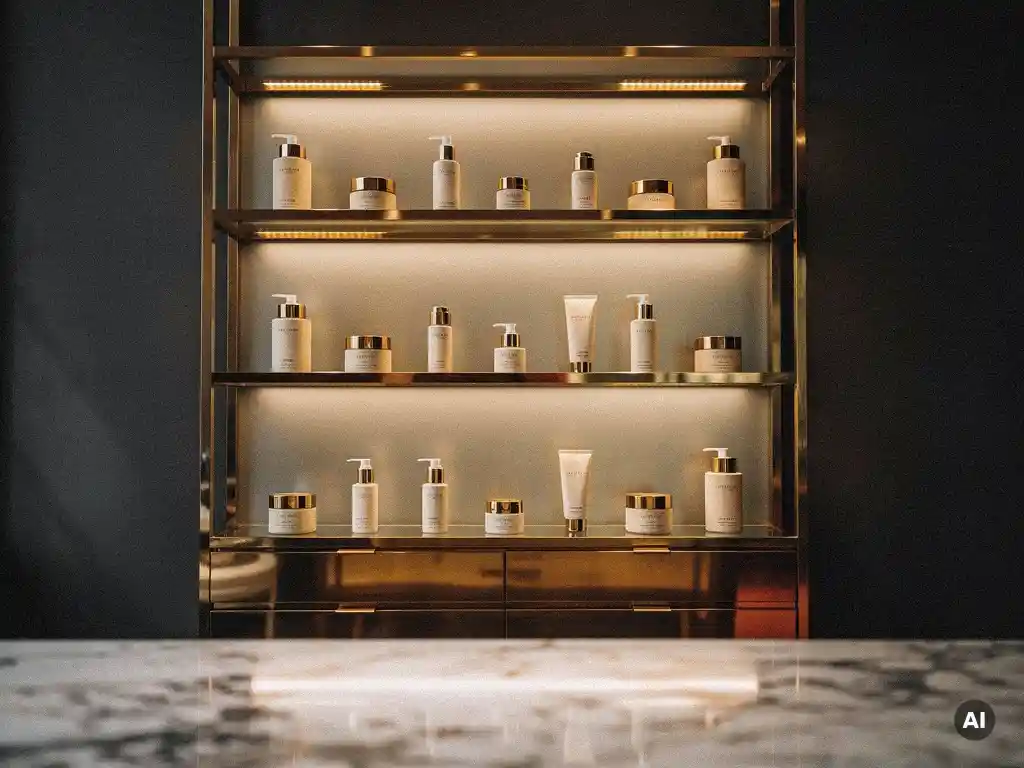 Luxury skincare display on polished brass and frosted glass shelves, warm spotlights highlighting cream and gold product vessels against charcoal walls.