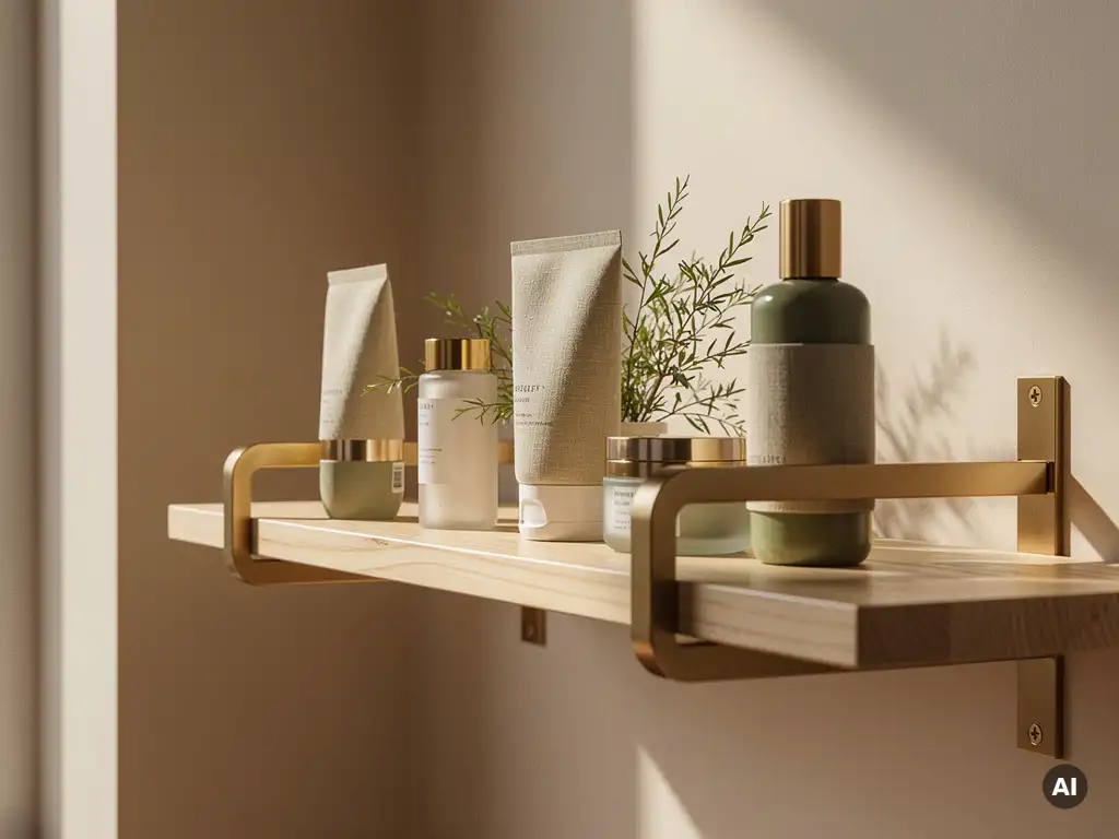 Minimalist luxury skincare products in organic linen packaging displayed on an FSC-certified wood and recycled brass shelf with soft botanical sprigs.
