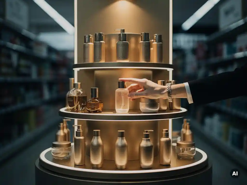 Shopper reaching for a luxury skincare product on a gold and charcoal point-of-sale display in a softly lit retail aisle.