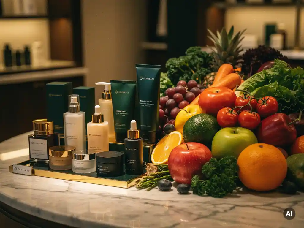Luxury skincare products and fresh produce arranged on a marble surface under warm spotlight in an upscale retail display.