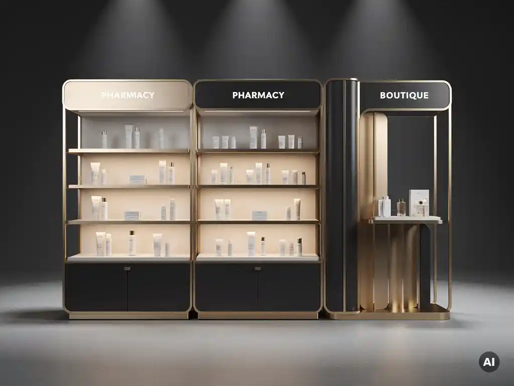 Premium skincare brand display units in department store, pharmacy, and boutique formats, styled in champagne gold and charcoal with dramatic spotlight lighting.
