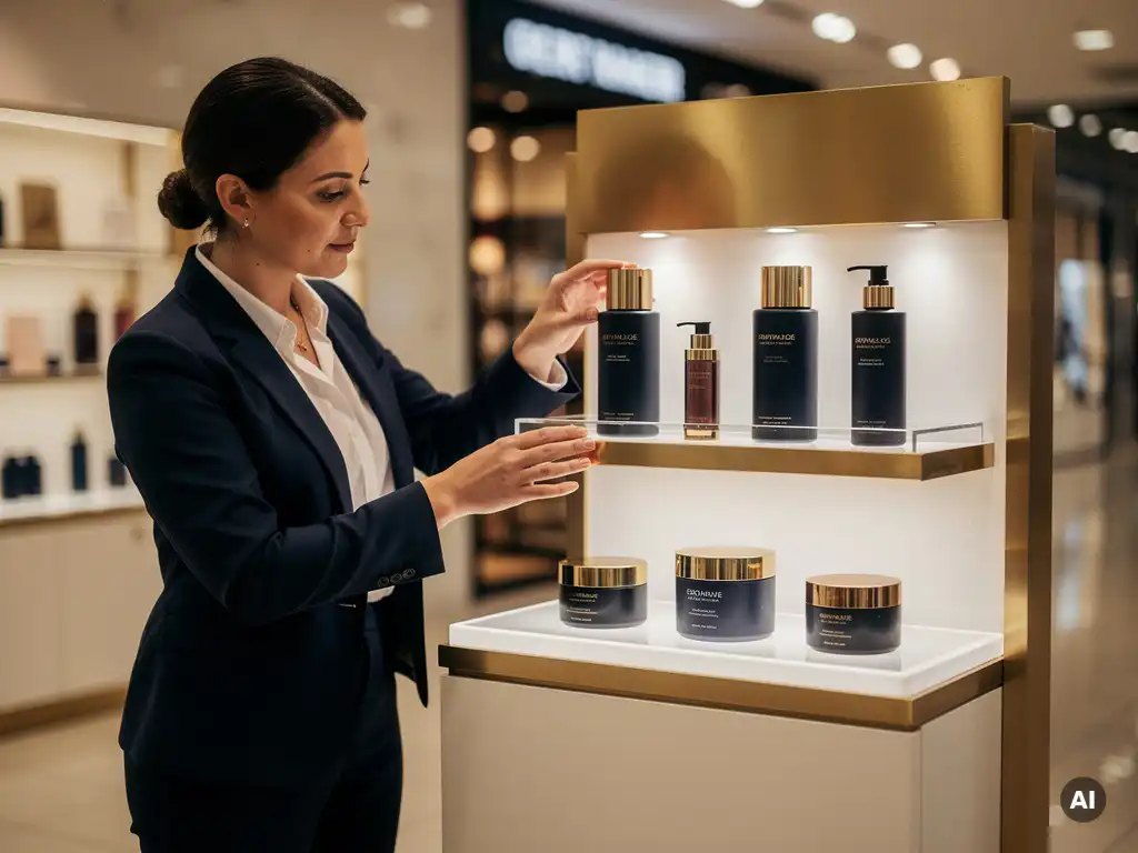 Marketing team member adjusting a luxury skincare point-of-sale display stand with warm spotlights, ivory, navy, and gold tones.