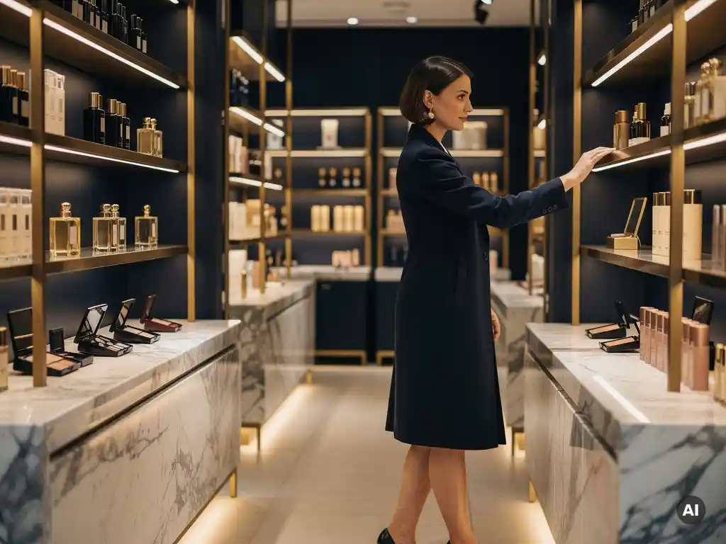 Elegantly dressed shopper browsing luxury beauty products on marble shelves with brass fixtures in a high-end UK retail store.