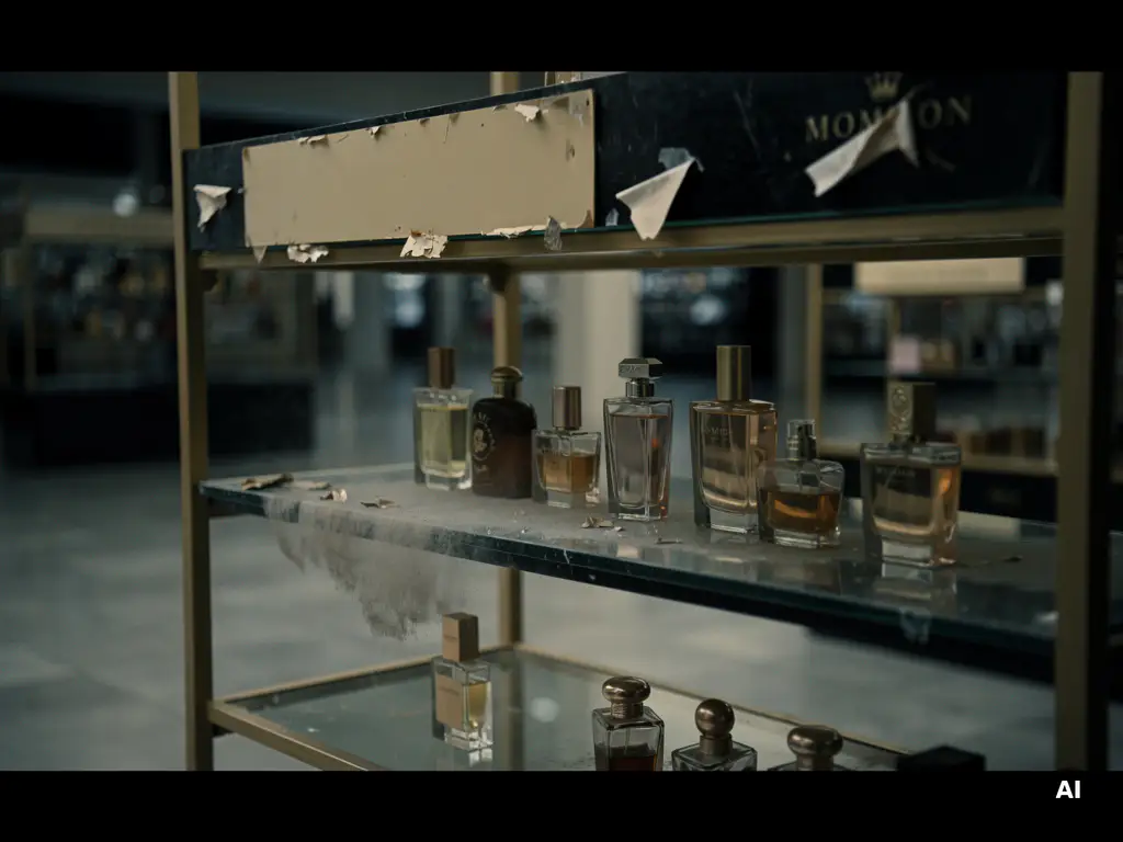 Dusty luxury perfume display with misaligned bottles on neglected glass shelving under dim lighting in an upscale retail store.